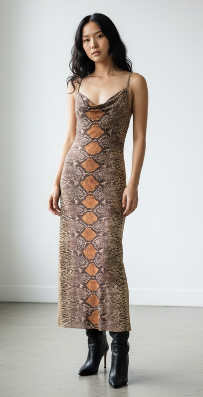 NWT SHEIN BAE Snake Print Cowl Neck Slip Maxi Dress Size 0XL Animal Print Y2K